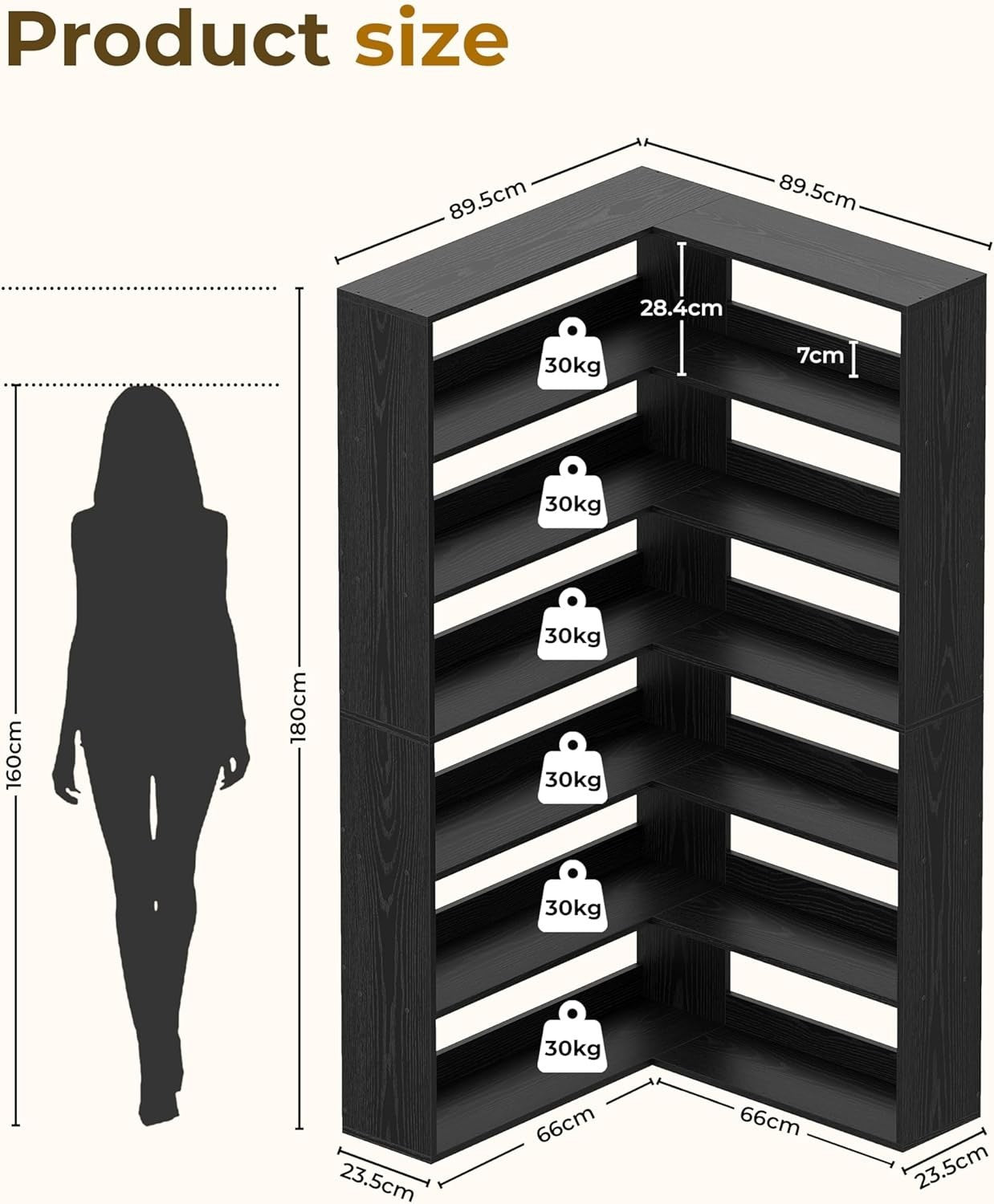 6-Tier Tall Corner Bookshelf Black 180cm L-Shaped Storage Rack