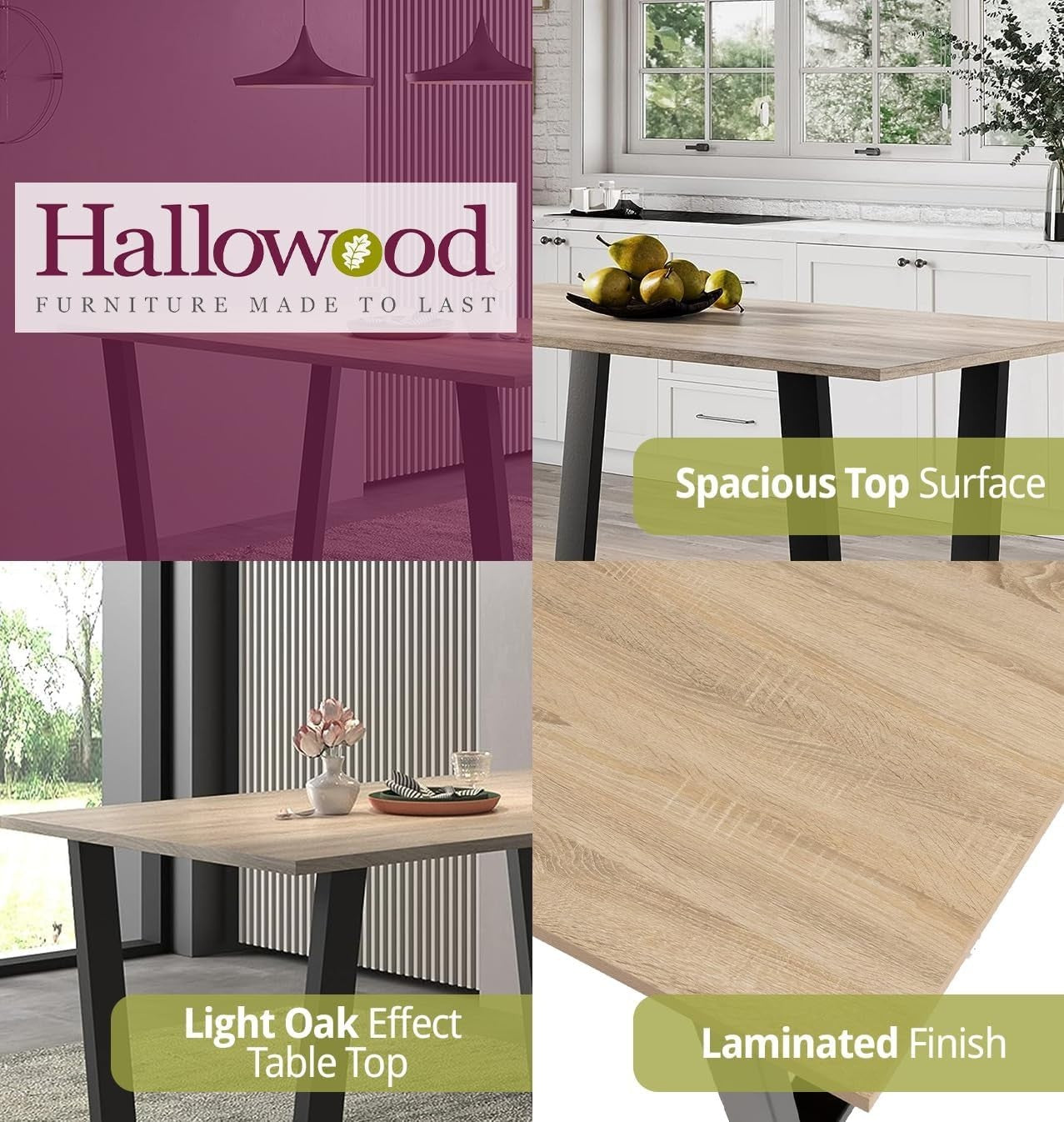 Industrial Oak Dining Table 150cm Metal Legs, 4-6 Seater Modern Home