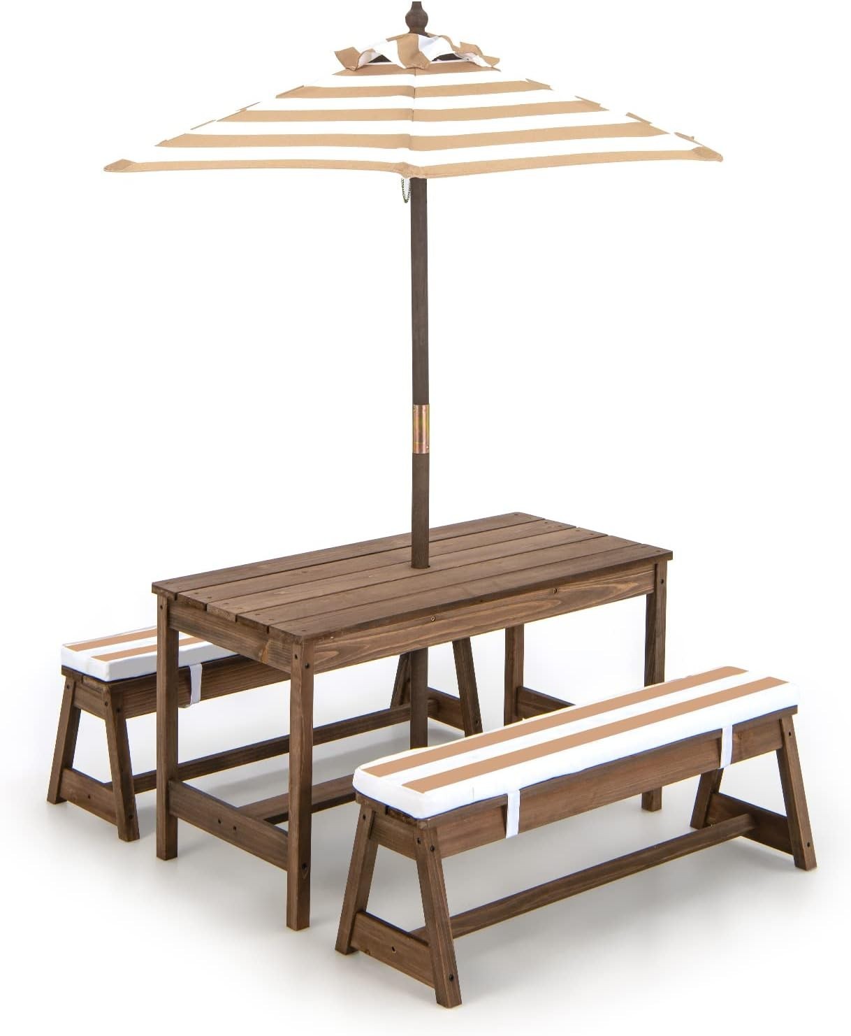 Kids Wooden Picnic Table Bench Set w/ Umbrella & Cushions Outdoor Indoor