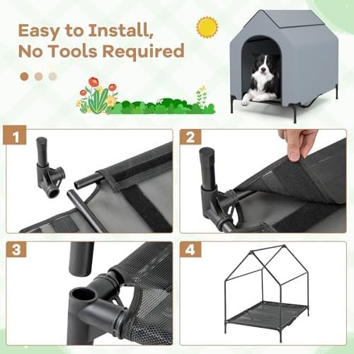 Outdoor Elevated Dog House with Canopy, 2 Top Windows & Breathable Bed