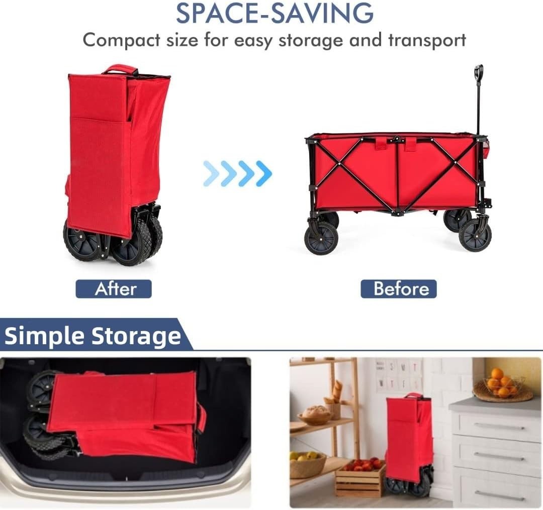 Red Foldable Wagon Cart Collapsible Garden Trailer w/ Adjustable Handle