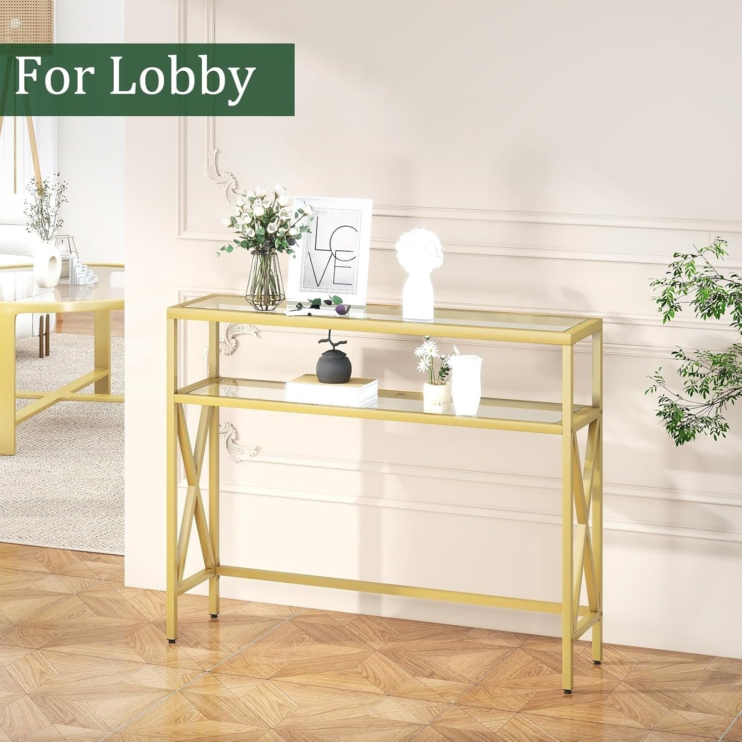 Tempered Glass Console Table with Adjustable Feet & Metal Frame, Gold