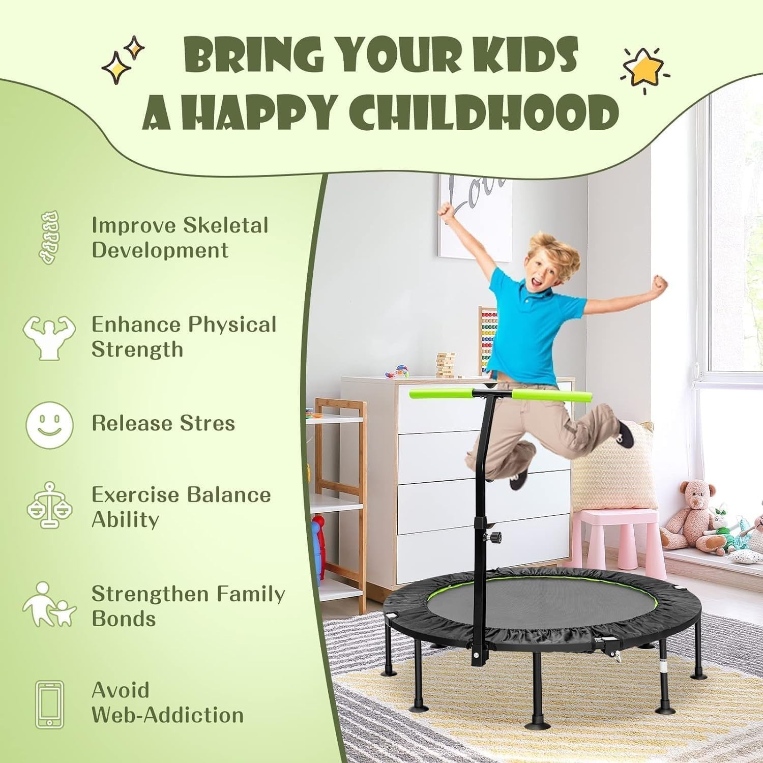 45'' Mini Trampoline with Adjustable Handle Foldable Fitness Rebounder