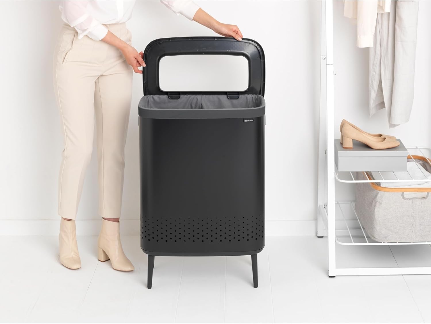 Modern 90L Laundry Bin with Lid, 2 Compartments, Hygienic Quick-Drop Opening