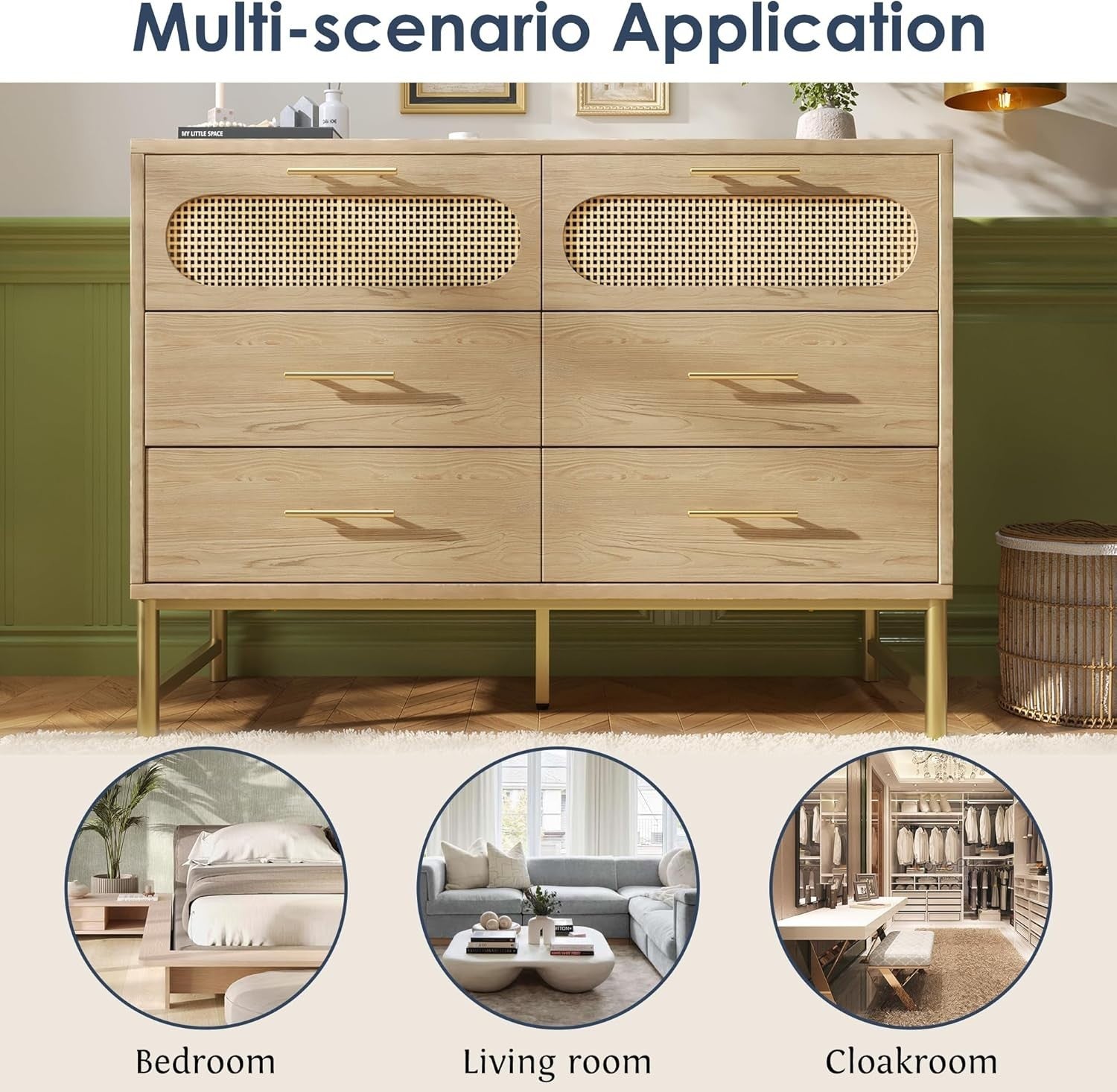 120cm Rattan Oak Sideboard Cabinet 6 Drawer Storage Unit for Hallway