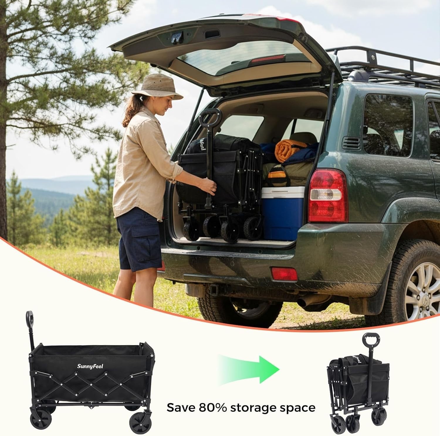 Compact Lightweight Utility Wagon with Rear Door Foldable Outdoor Cart Black