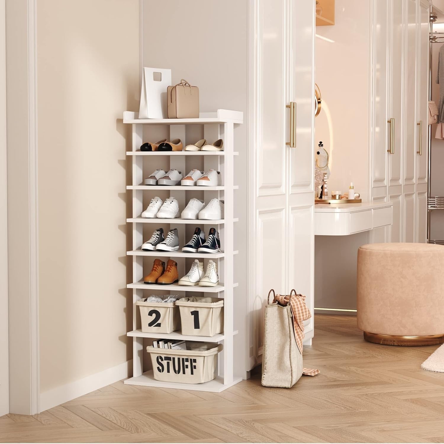 Slim 7-Tier Wooden Shoe Rack with Double Rows – Space-Saving Vertical Storage