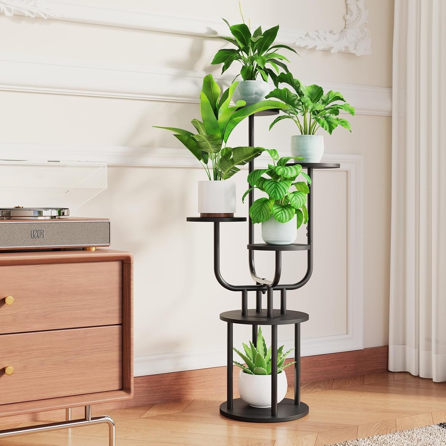 6 Tier Tall Metal Wood Plant Stand Indoor Corner Shelf Rack with Grow Light