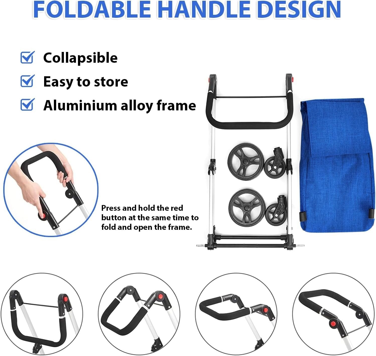 4 Wheel Grocery Shopping Trolley 46L | Foldable Aluminium Cart | Royal Blue