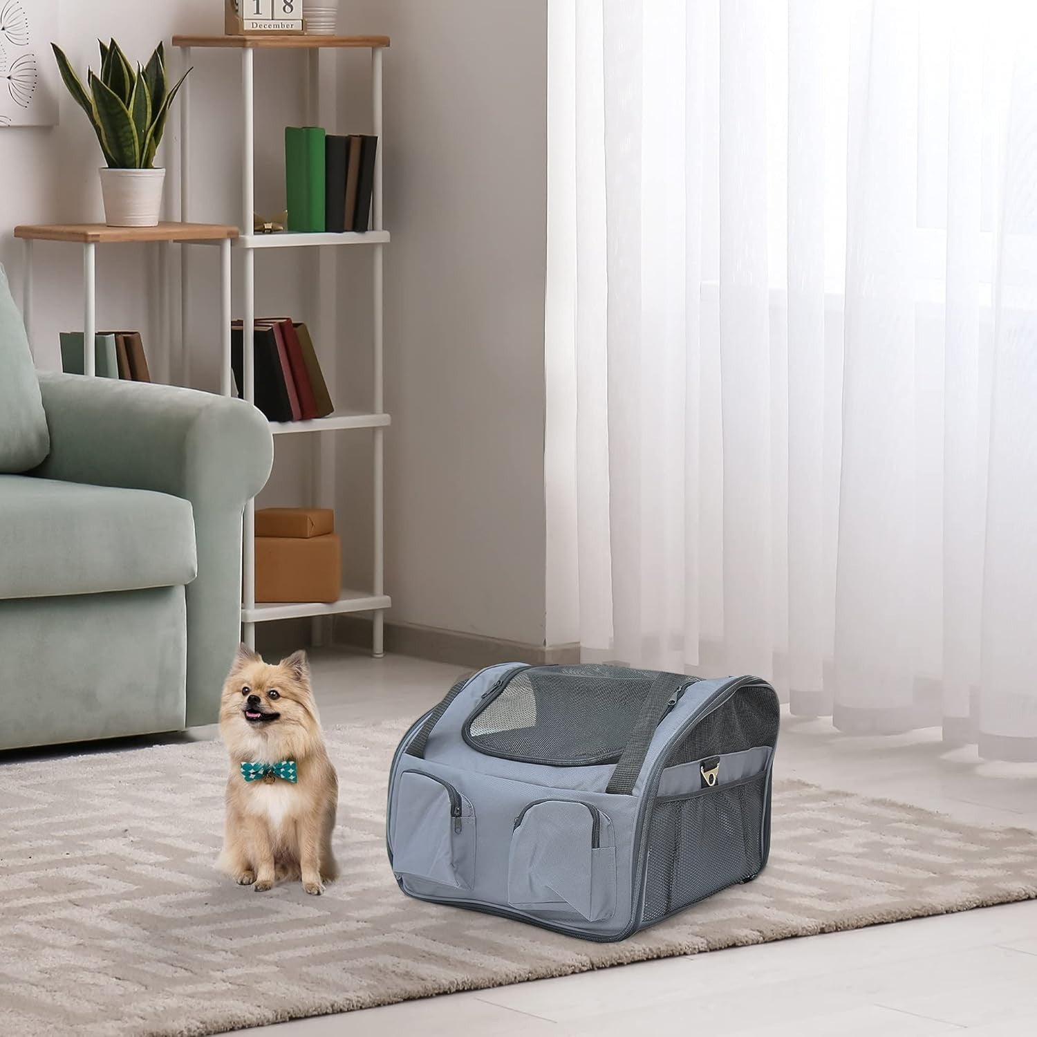 Portable Foldable Pet Carrier Bag with Mesh Windows & Storage Pockets Grey