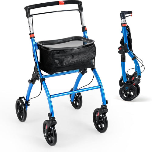 Lightweight Folding Rollator Walker 4 Wheel Basket Brakes Narrow Blue