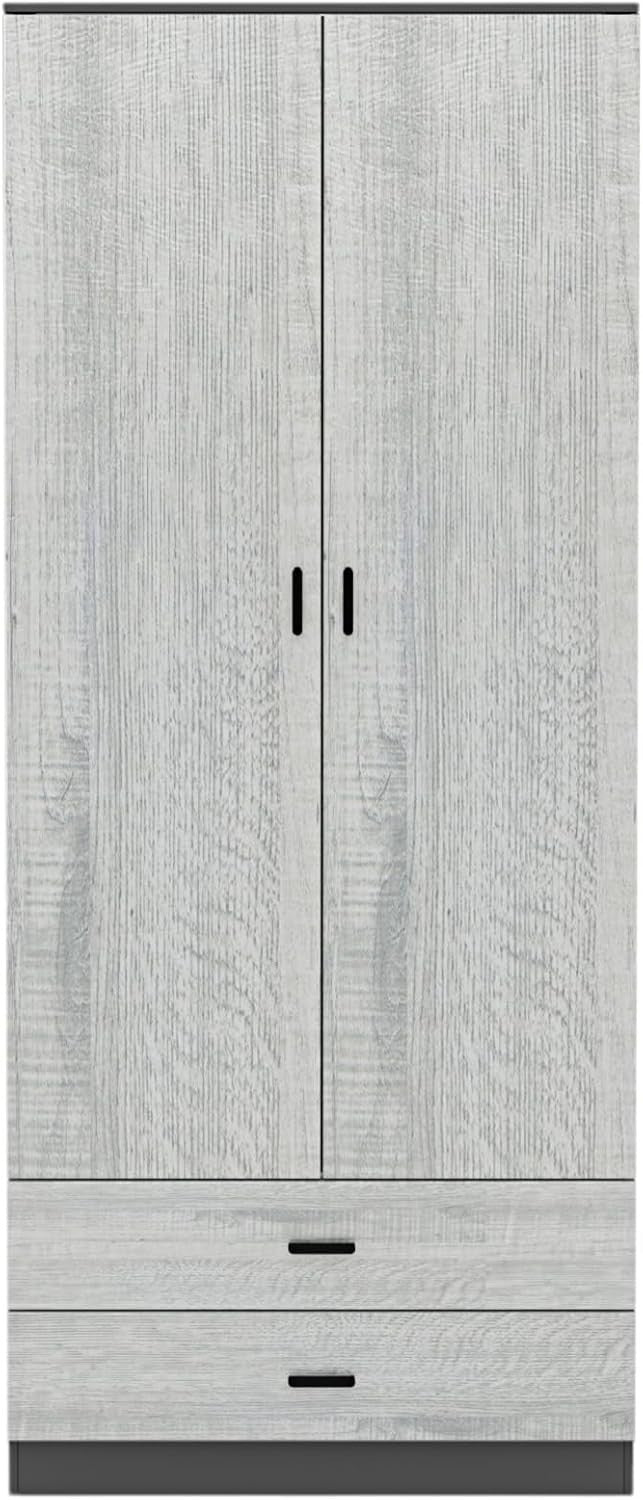 Tall Wardrobe Black Ash Grey 2 Door 2 Drawer Bedroom Clothes Storage Unit