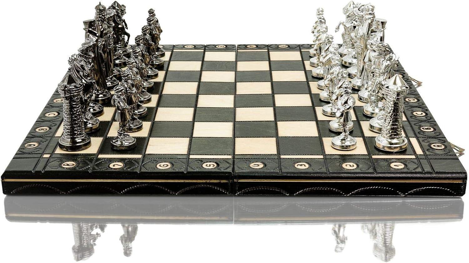 41cm Chrome Medieval Chess Set | Luxury Folding Board | Weighted Metal Pieces