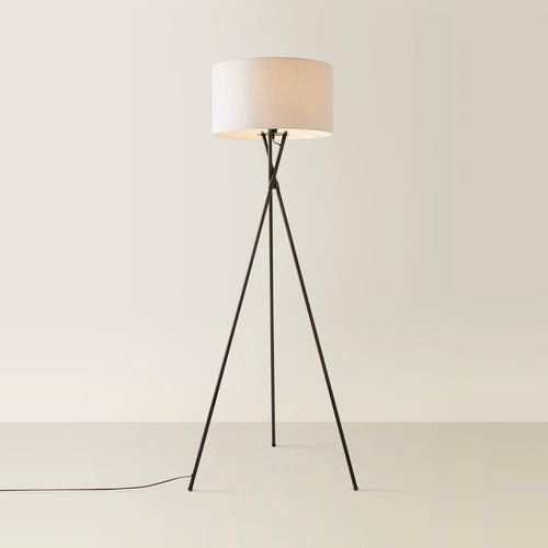 Tripod Floor Lamp Black Metal Stand Pale Grey Fabric Shade LED Bulb