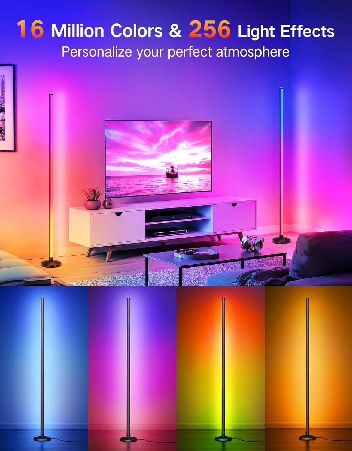 2x LED RGB Corner Floor Lamps Smart App Remote Music Sync Colour Changing