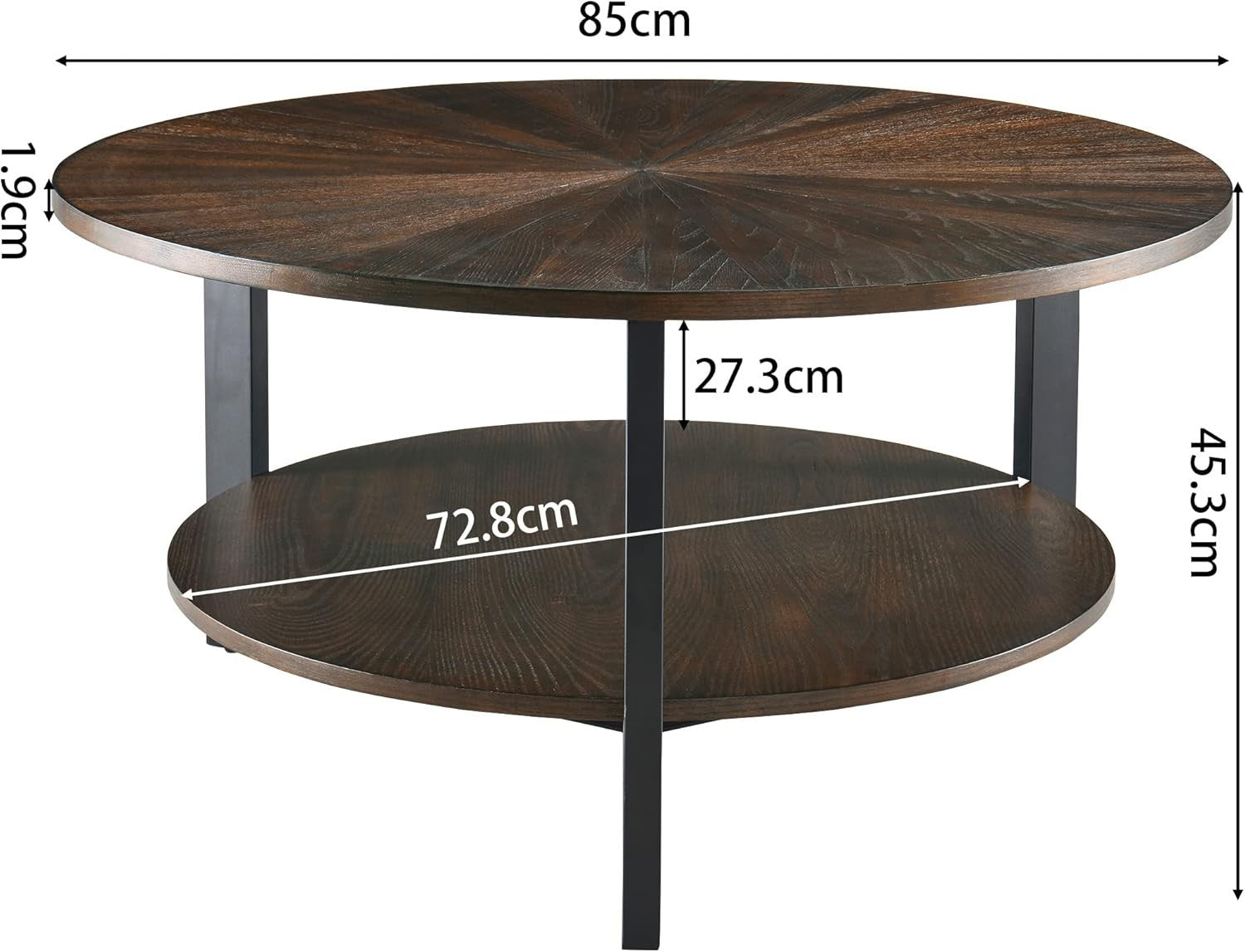 Round 2-Tier Rustic Brown Solid Wood Coffee Table with Storage 85cm