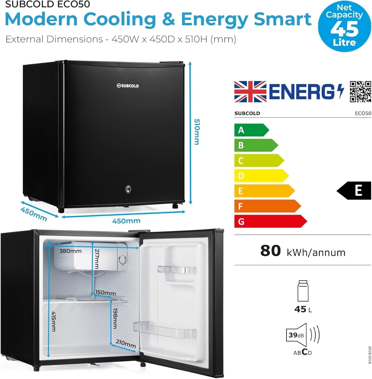 45L Mini Fridge Tabletop Cooler Low Noise Energy Efficient Black