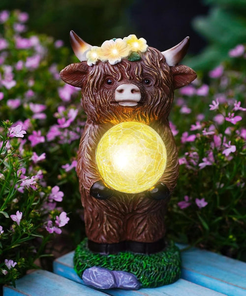 Solar Highland Cow Garden Ornament with Glowing Ball – Waterproof LED Lawn Decor