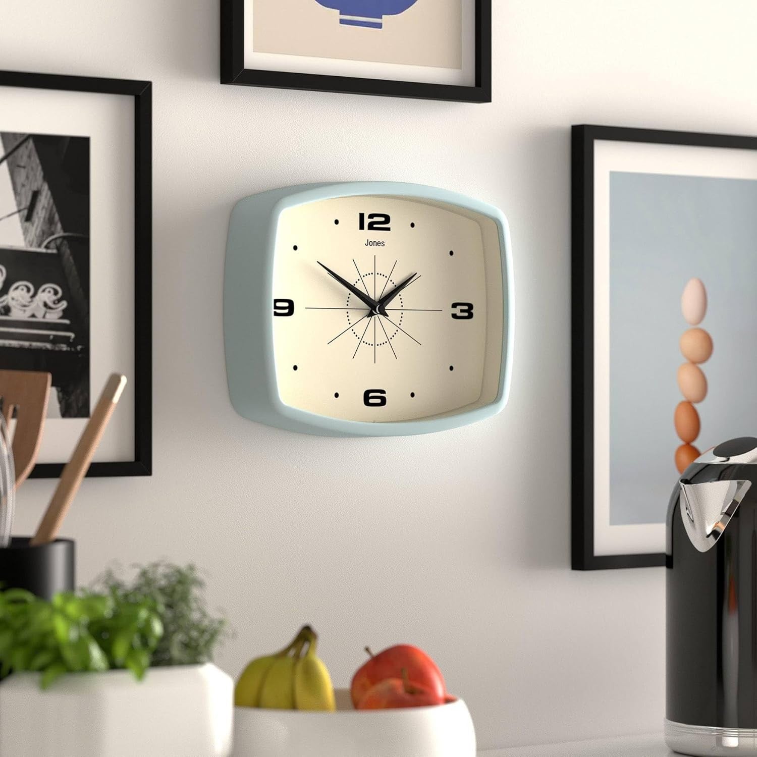 Retro 25cm Wall Clock Rectangle Silent Pale Blue Kitchen Living Room Decor