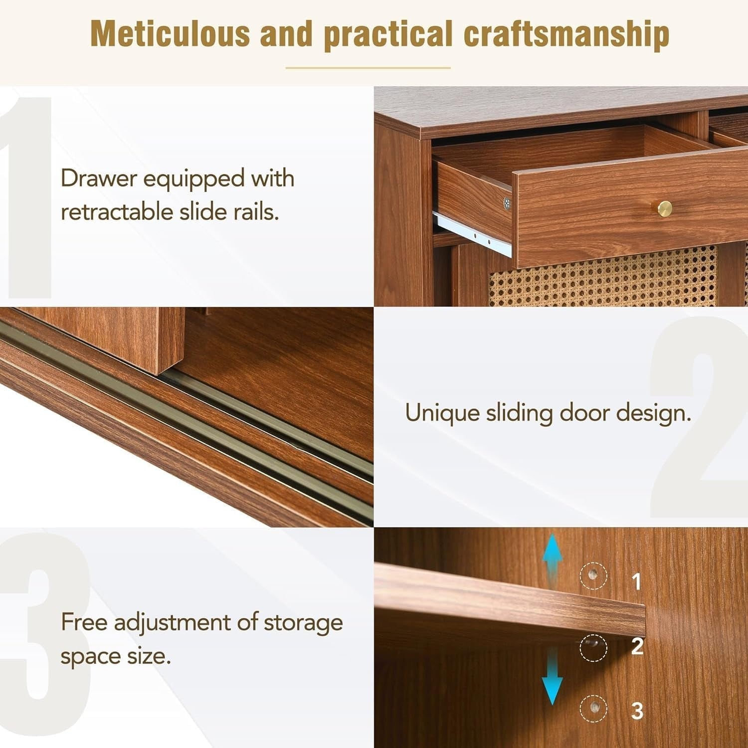Modern Rattan Sideboard Cabinet 3 Drawers 2 Doors Walnut Storage Unit