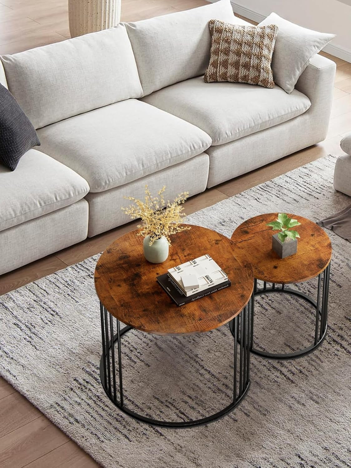 Brown Wood Nesting Coffee Table Set Round Modern Rustic Metal Frame Sled Base