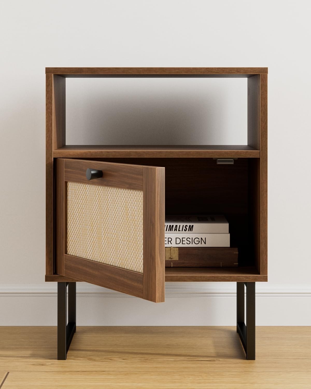 Modern Rattan Bedside Table with Drawer Walnut Wood Nightstand Farmhouse Style