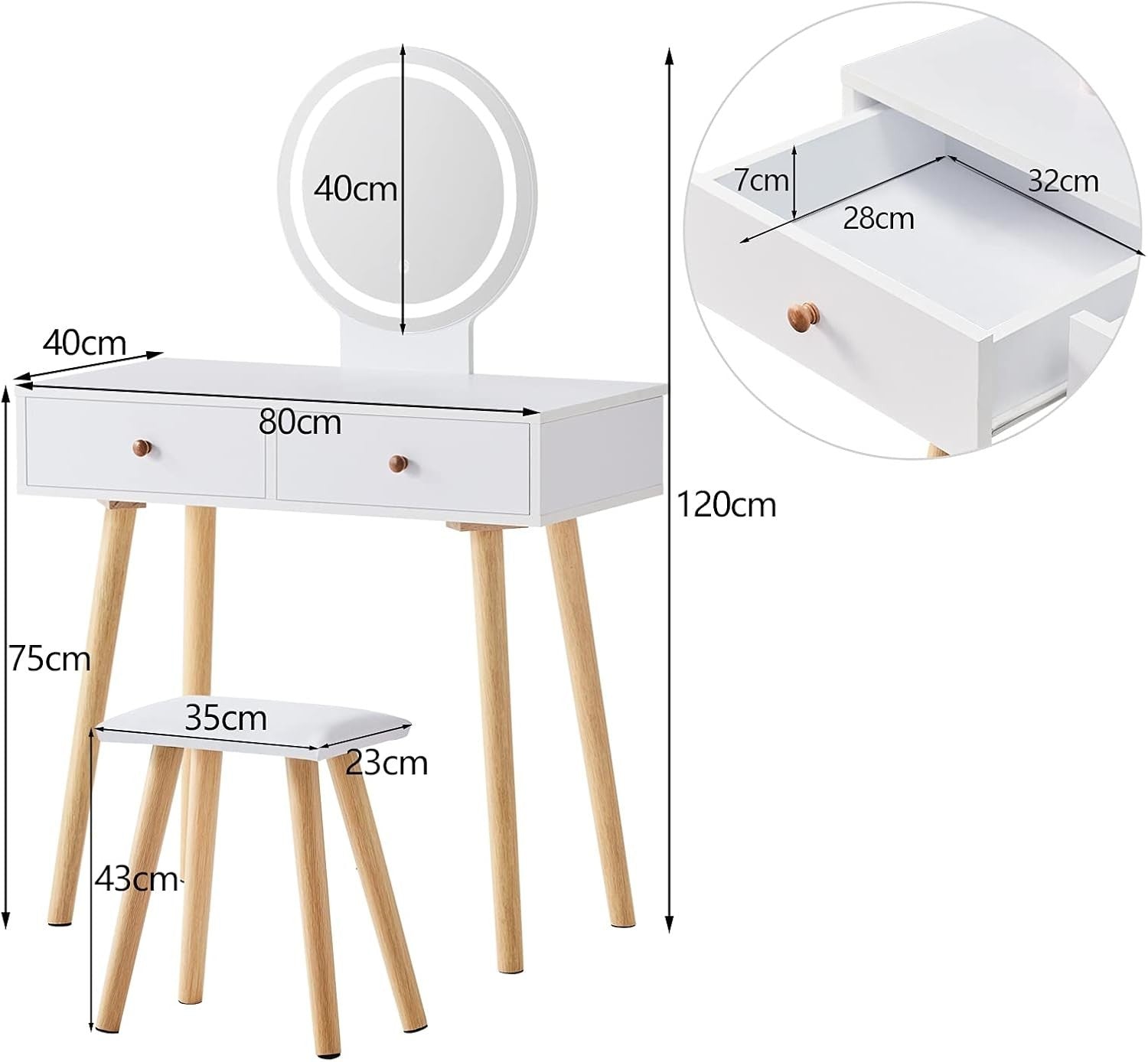 Modern Dressing Table Vanity Set LED Mirror Stool White Wood 2 Drawer Makeup Des