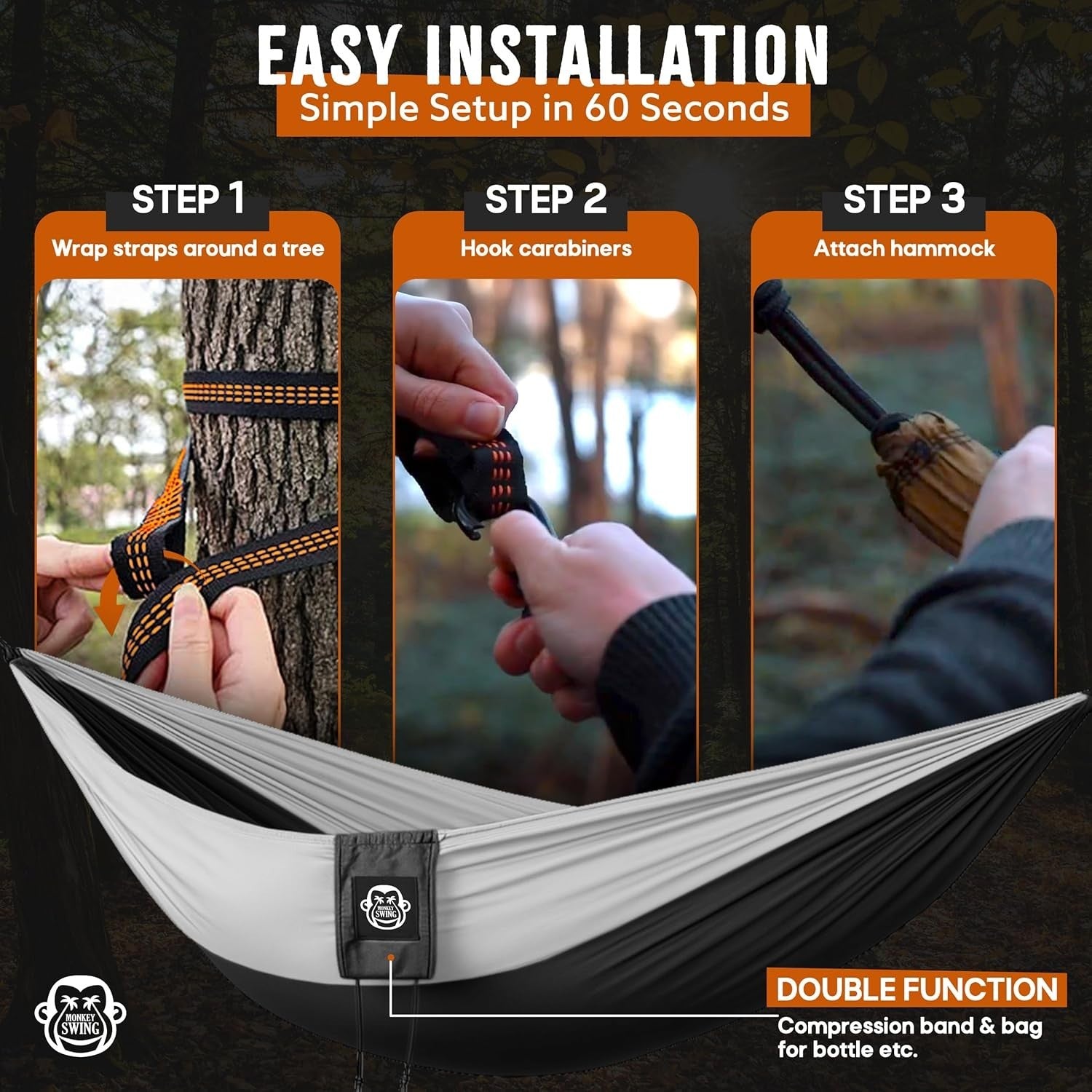 Ultralight Camping Hammock Black/White | 300kg Limit + Straps & Clips