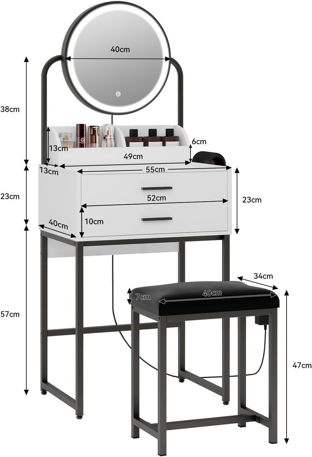 Vanity Dressing Table Makeup Desk Mirror LED Lights Drawers Stool White/Black