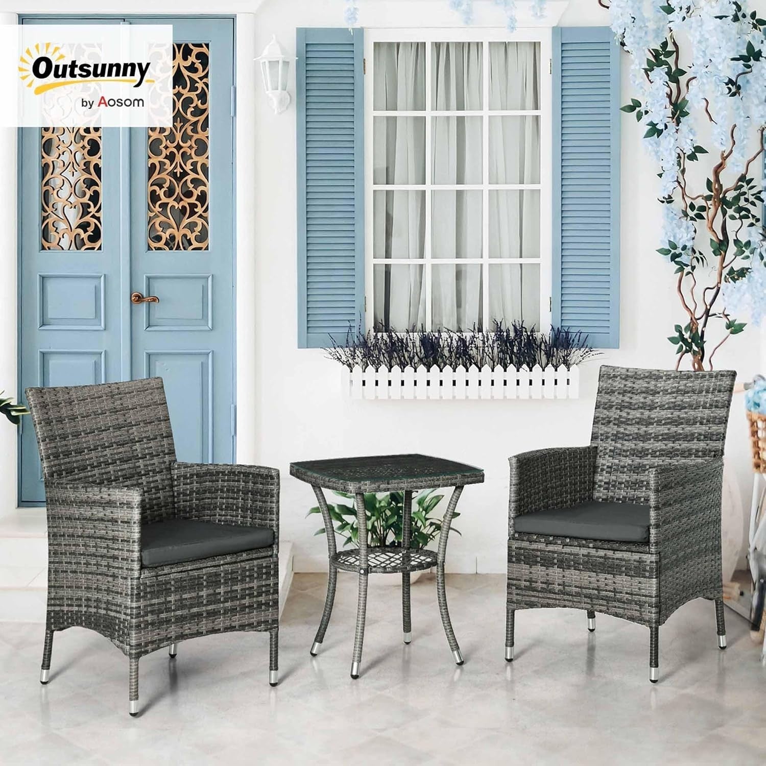 Compact Rattan Bistro Set 2 Chairs Table Cushioned Balcony Patio Seating