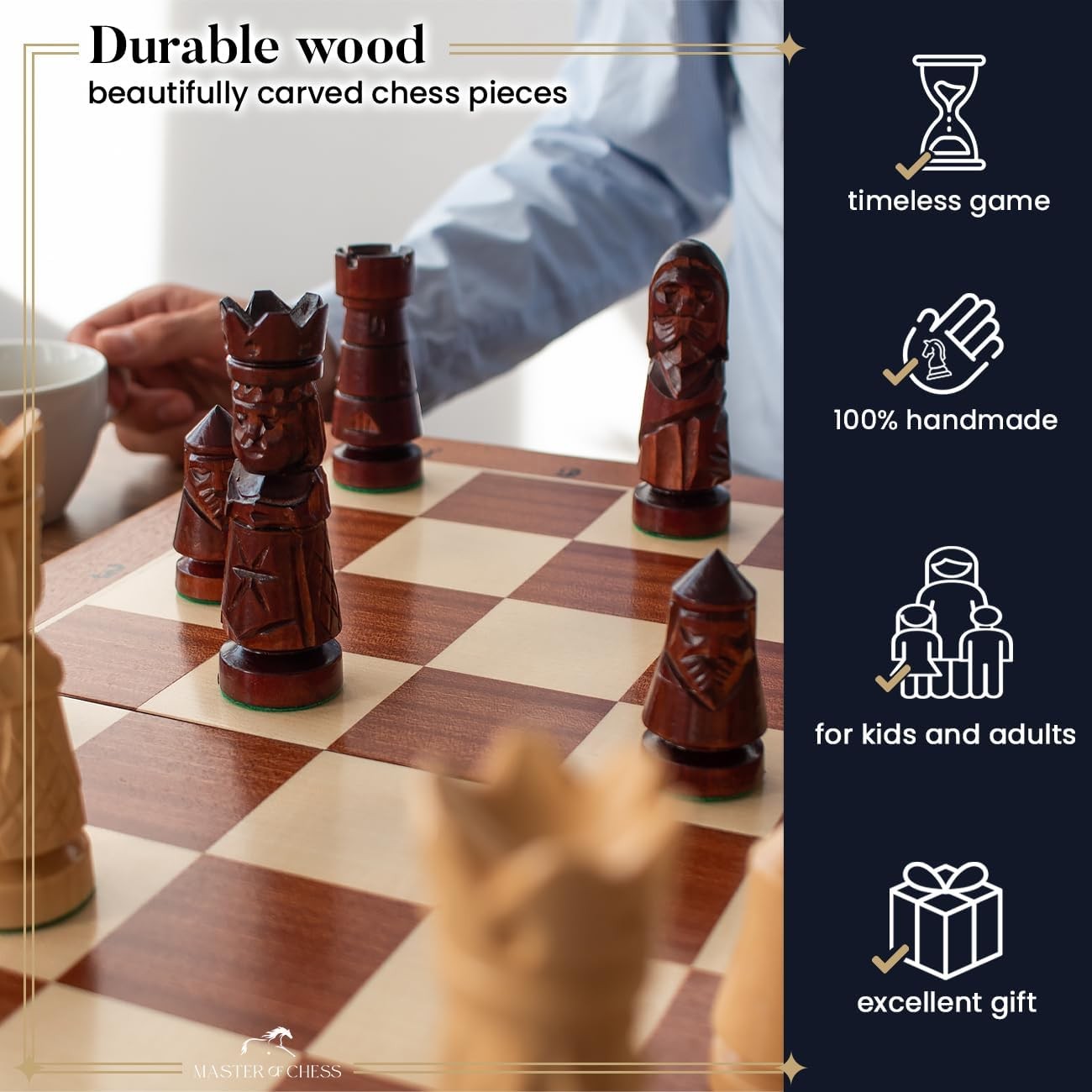 56cm Luxury Inlaid Wooden Chess Set – Handcrafted Folding Board & Tall Weighted
