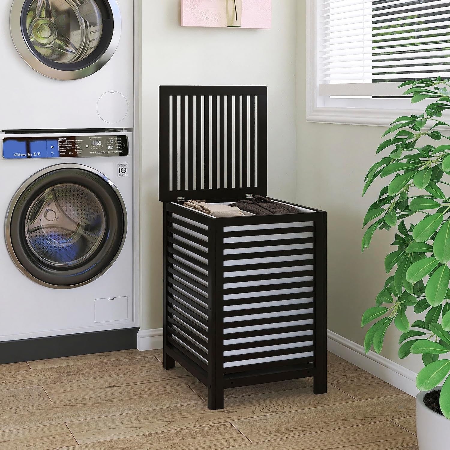 Black Bamboo Double Laundry Hamper with Lid 120L 2 Section Basket 47x47x65cm