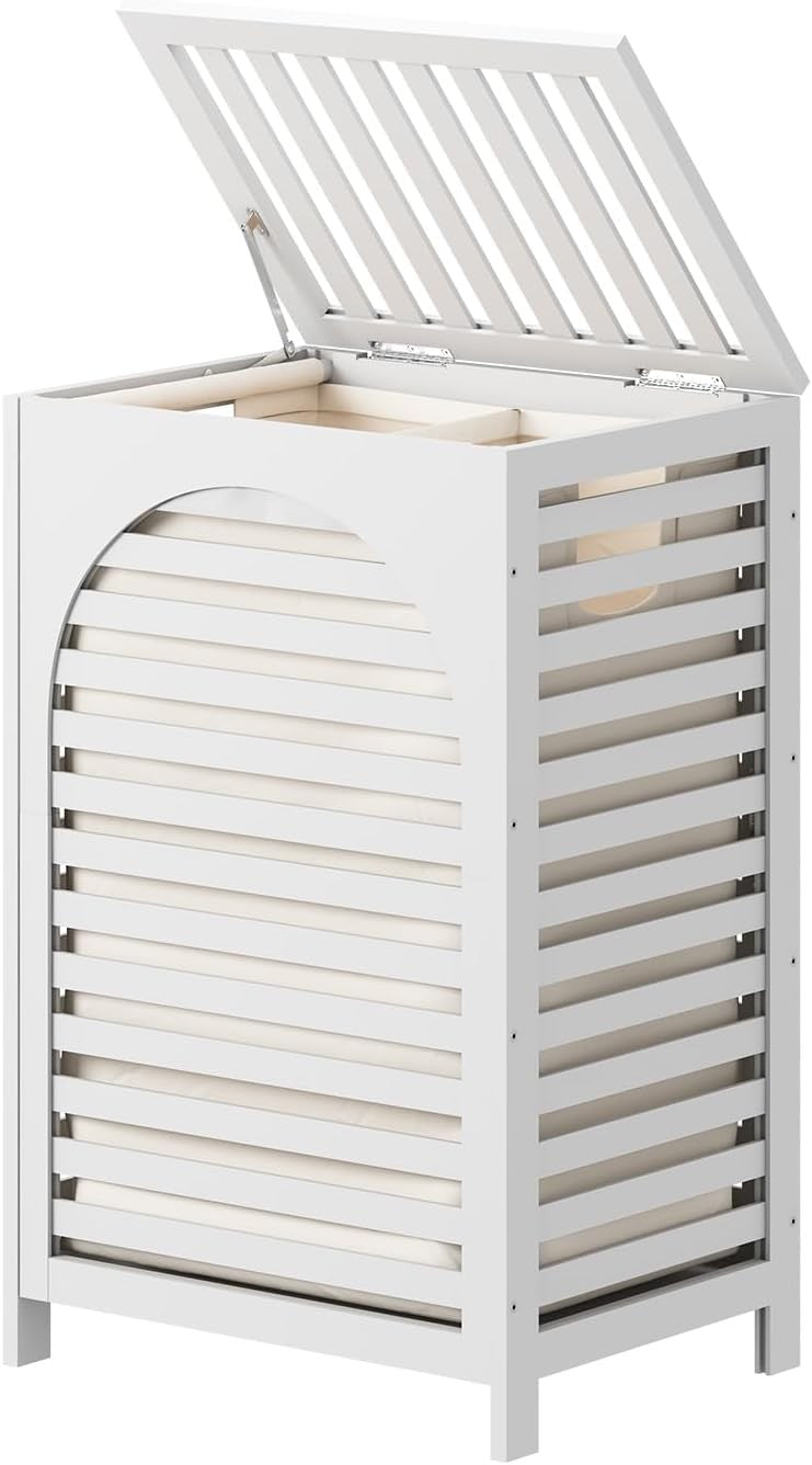 White Bamboo Laundry Hamper 85L with Lid & Removable Liner | Ventilated Clothes