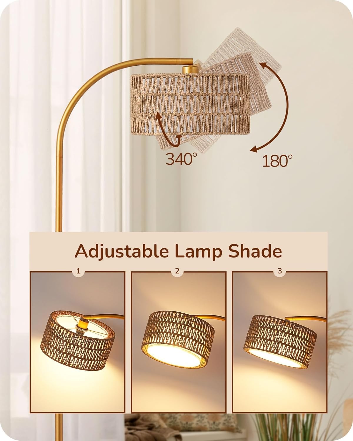 Arc Floor Lamp Gold Rattan Shade Dimmable Remote Boho LED Standing Light