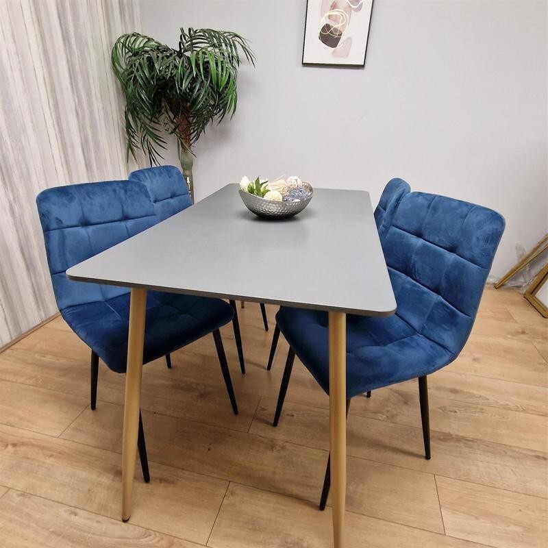 Modern Grey Dining Table Set with 4 Blue Velvet Chairs for Kitchen Home