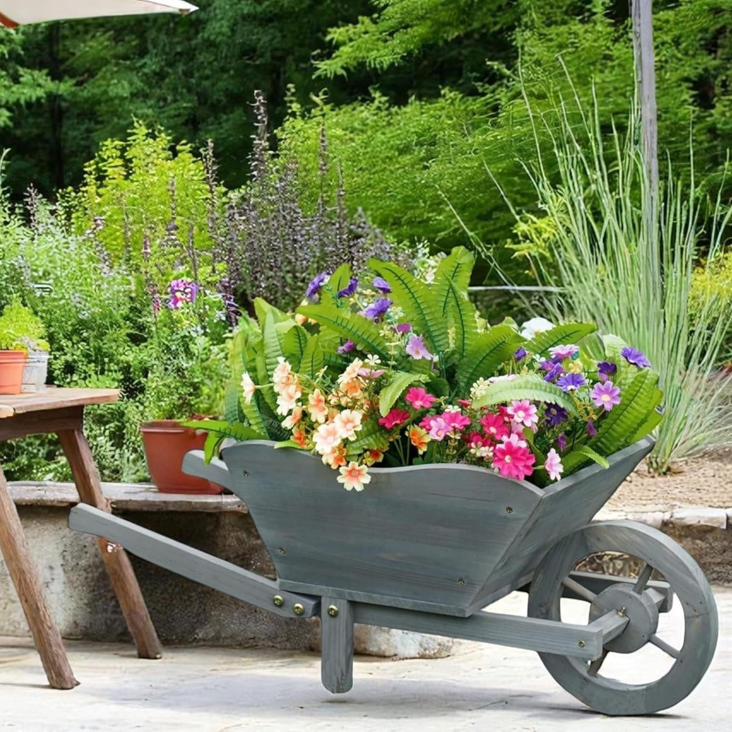 69cm Wooden Wheelbarrow Planter – Grey – Rustic Outdoor Garden Decor w/ Handles