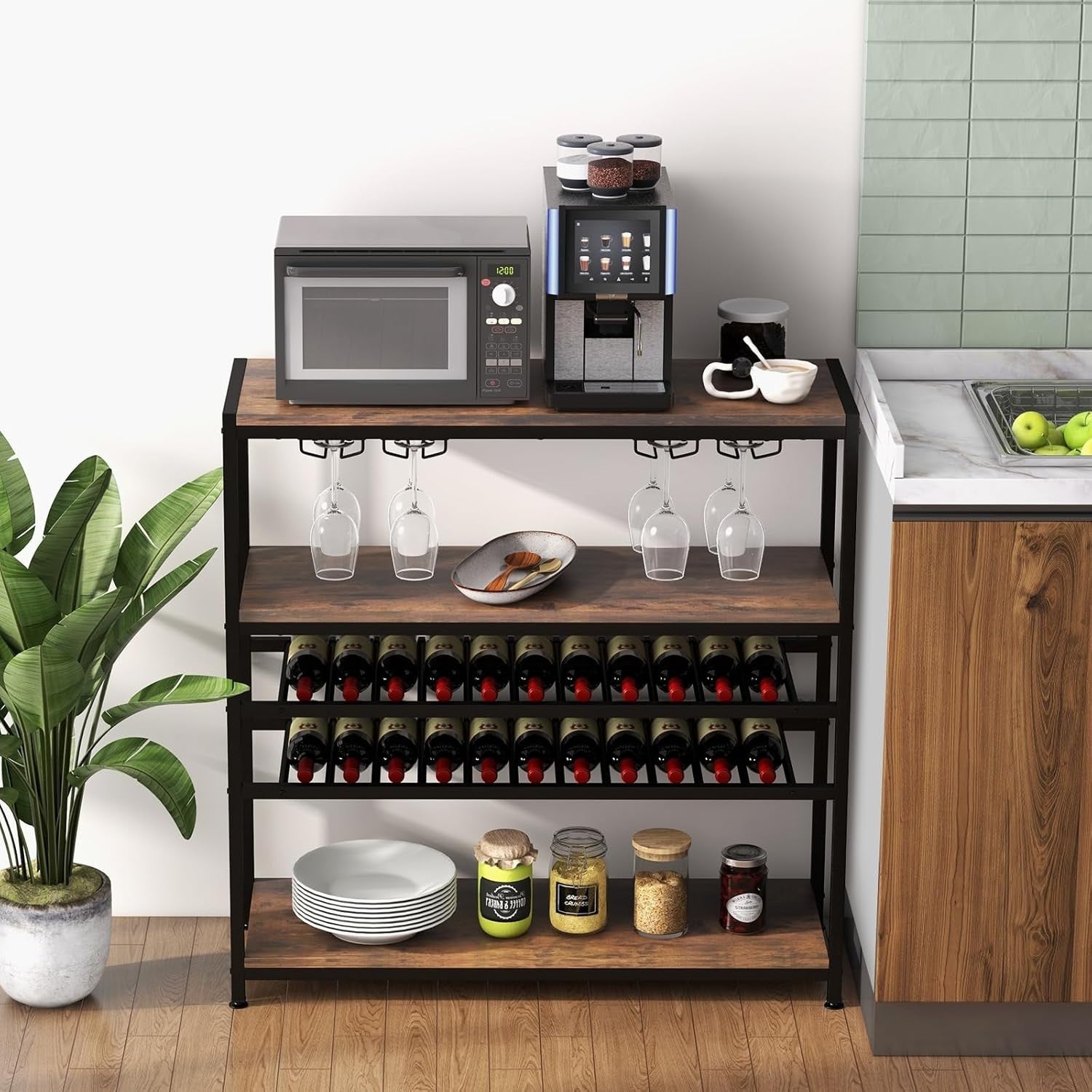 5-Tier Wine Rack Table with Glass Holder, Rustic Bar Shelf Storage Unit