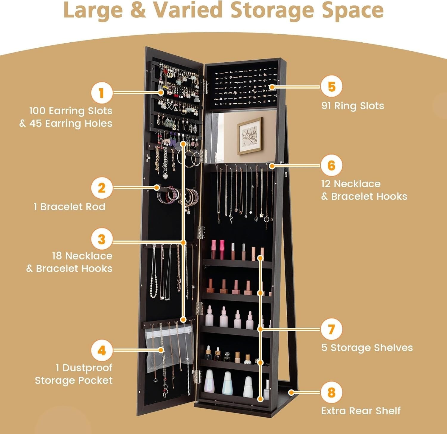 Espresso Jewelry Cabinet Mirror Lockable 3-in-1 Freestanding Storage