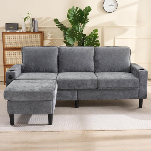 L-Shaped Corner Sofa Bed 3 Seater Grey with USB, Cup Holders, Storage