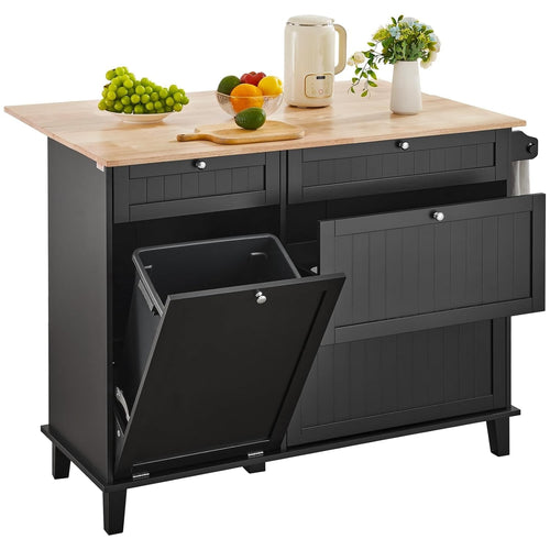50" Kitchen Island Cart with Drop Leaf, Trash Cabinet, Drawer & Storage – Black