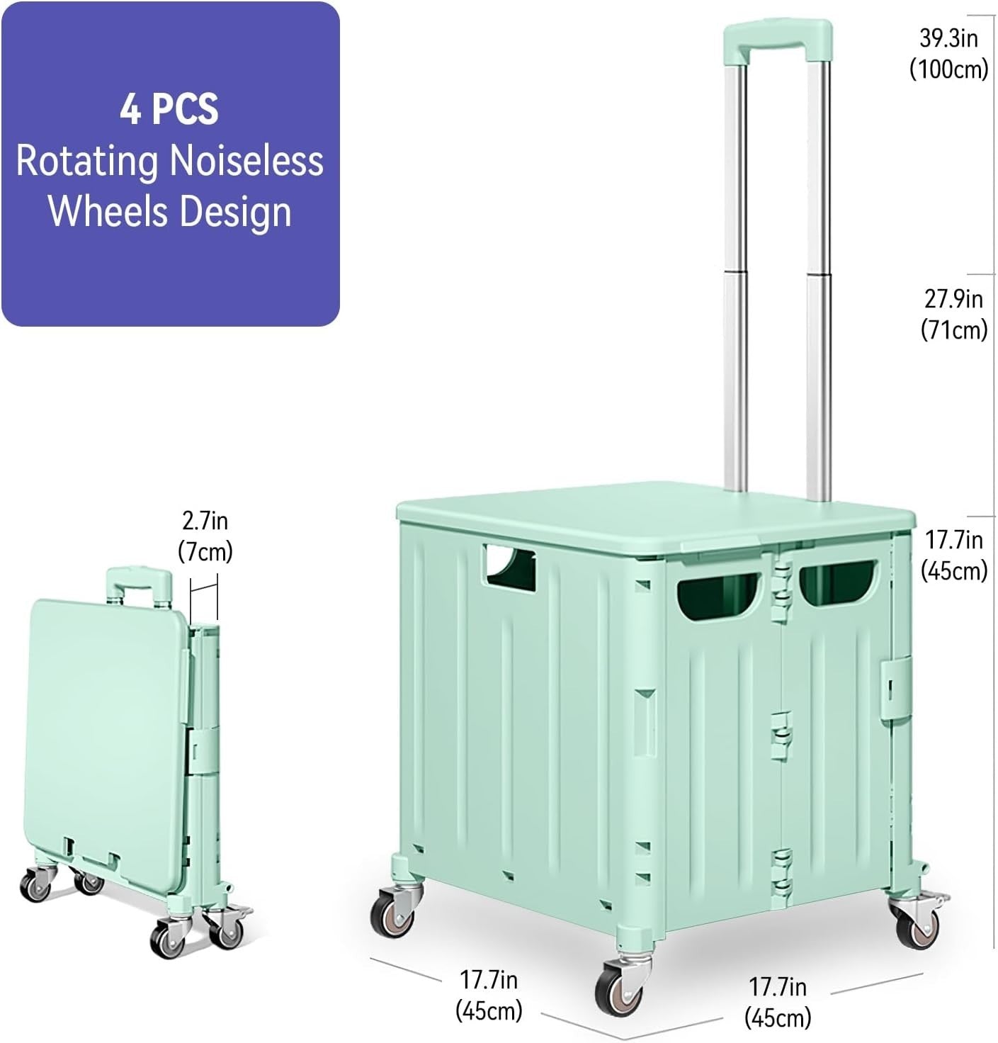 65L Foldable Shopping Trolley 4 Wheel Utility Cart with Lid Green