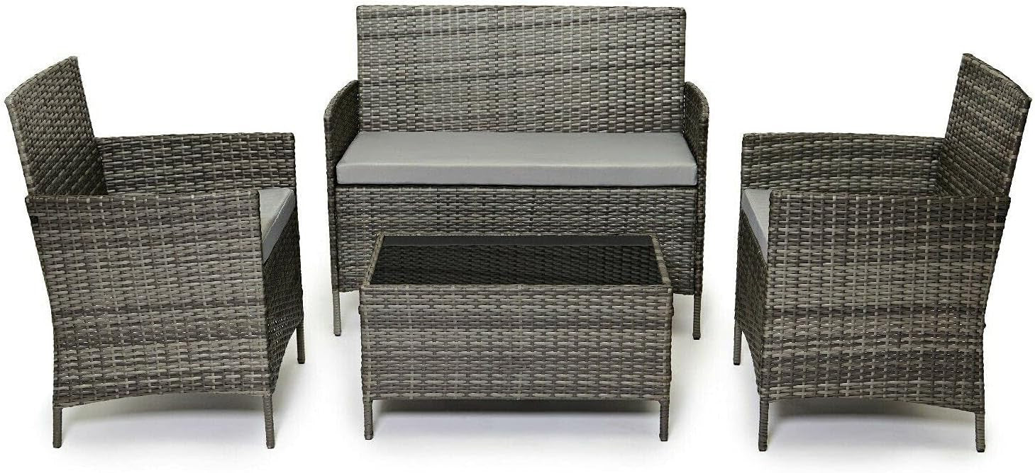 Outdoor Rattan Patio Set 2 Chairs + 2-Seater Sofa & Glass Coffee Table