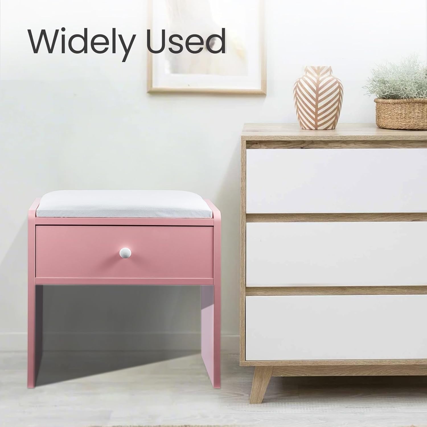 Pink Padded Vanity Stool with Drawer – Comfortable Makeup Stool for Bedroom