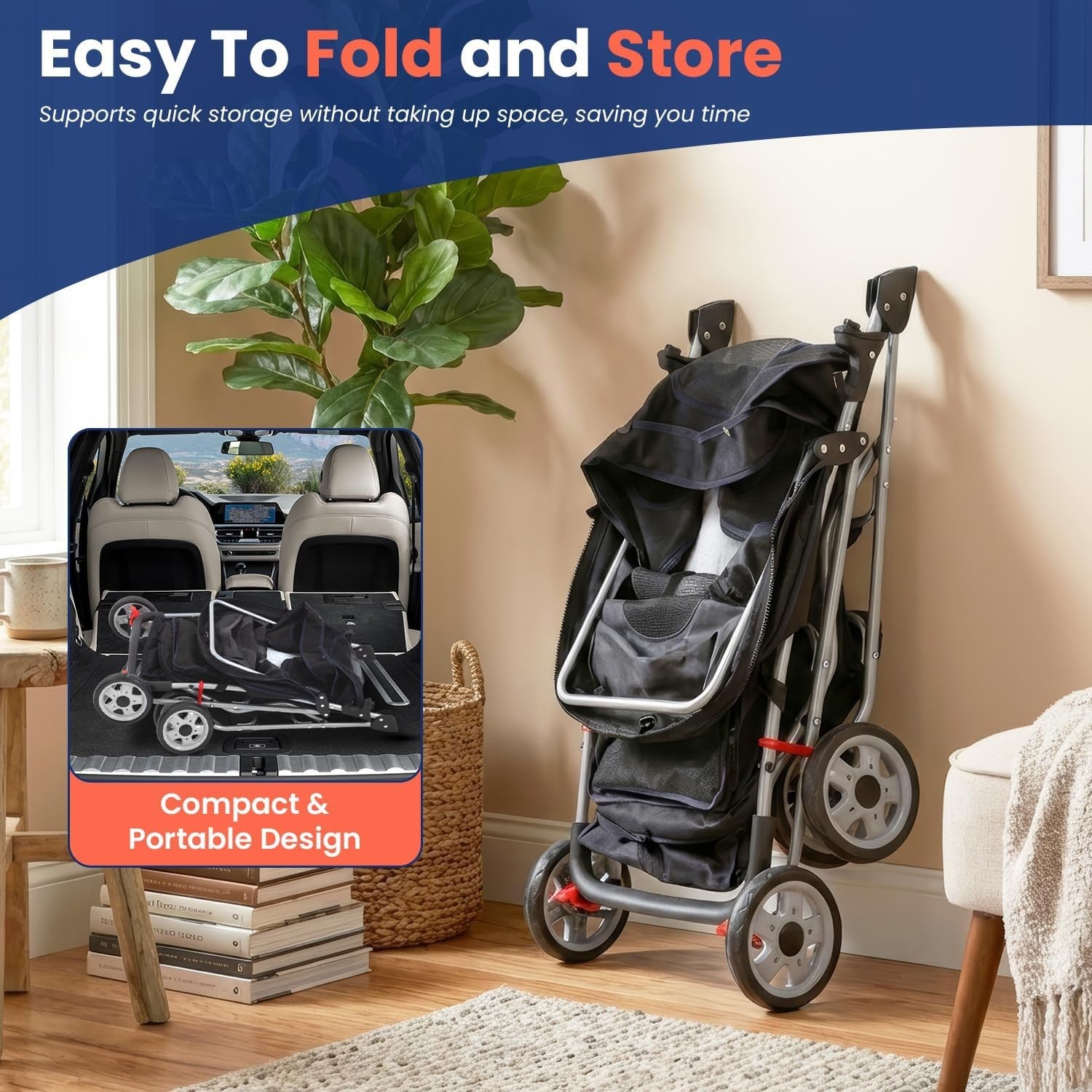 Pet Stroller Dog Cat Pushchair 4 Wheel Foldable Travel Carrier Mesh Black