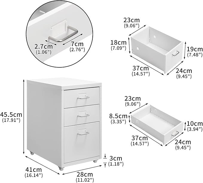 3 Drawer Metal File Cabinet with Wheels Under Desk Office Storage Unit Rolling