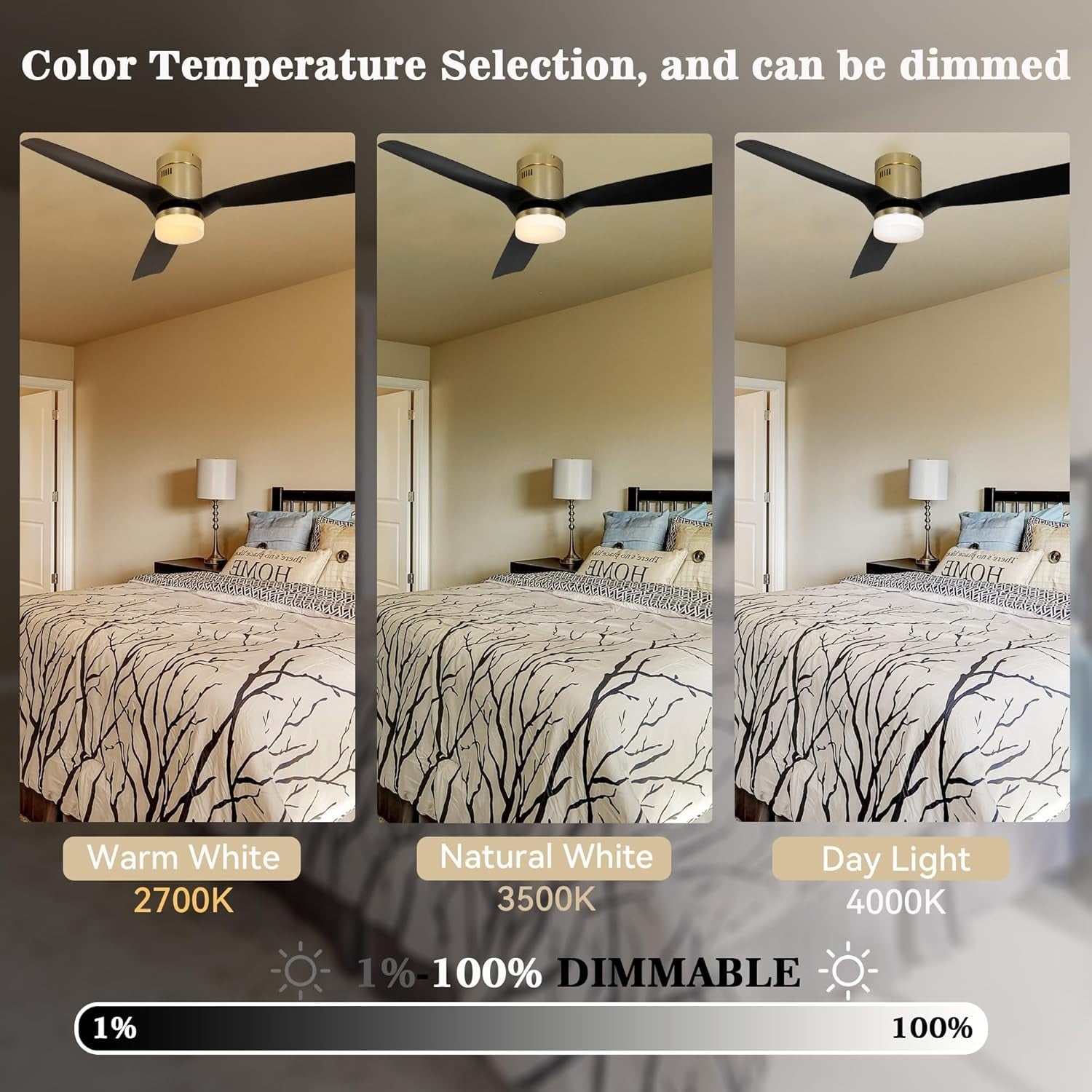 SMAAIR 52" Smart Ceiling Fan with Light, 10-Speed DC Motor, Gold Black