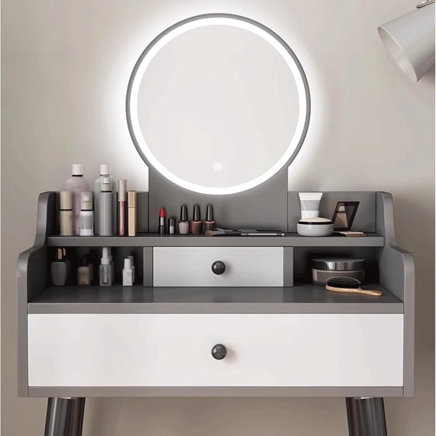 Grey Makeup Vanity Table Set w/ Lighted Mirror 3 Color LED Storage Drawers Desk