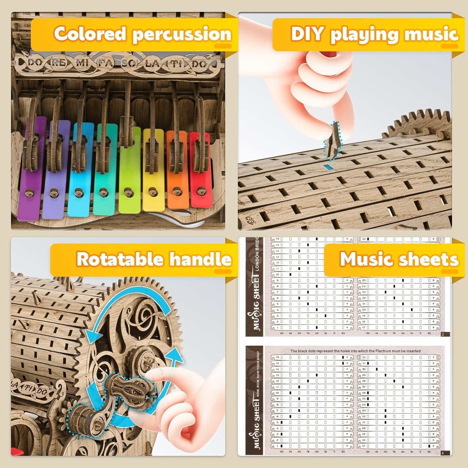Hand Cranked 3D Wooden Piano Puzzle Kit, Mechanical Music Model, DIY Craft