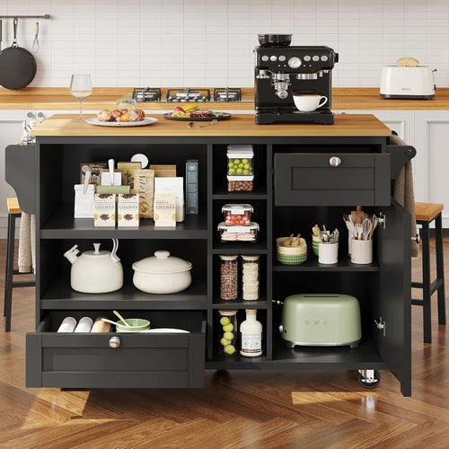 Mobile Kitchen Dining Trolley with Drawers & Cupboards Black 129x46x92cm