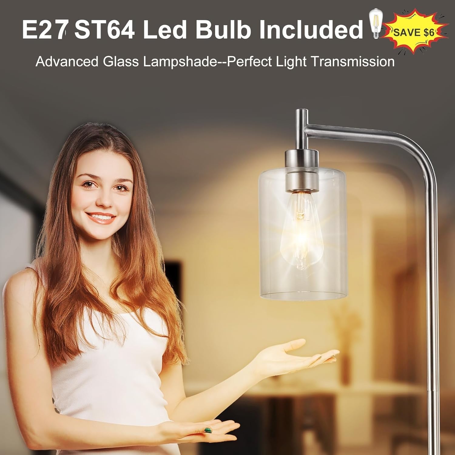 Tall Floor Lamp Nickel Clear Glass E27 LED Modern Industrial Corner Light